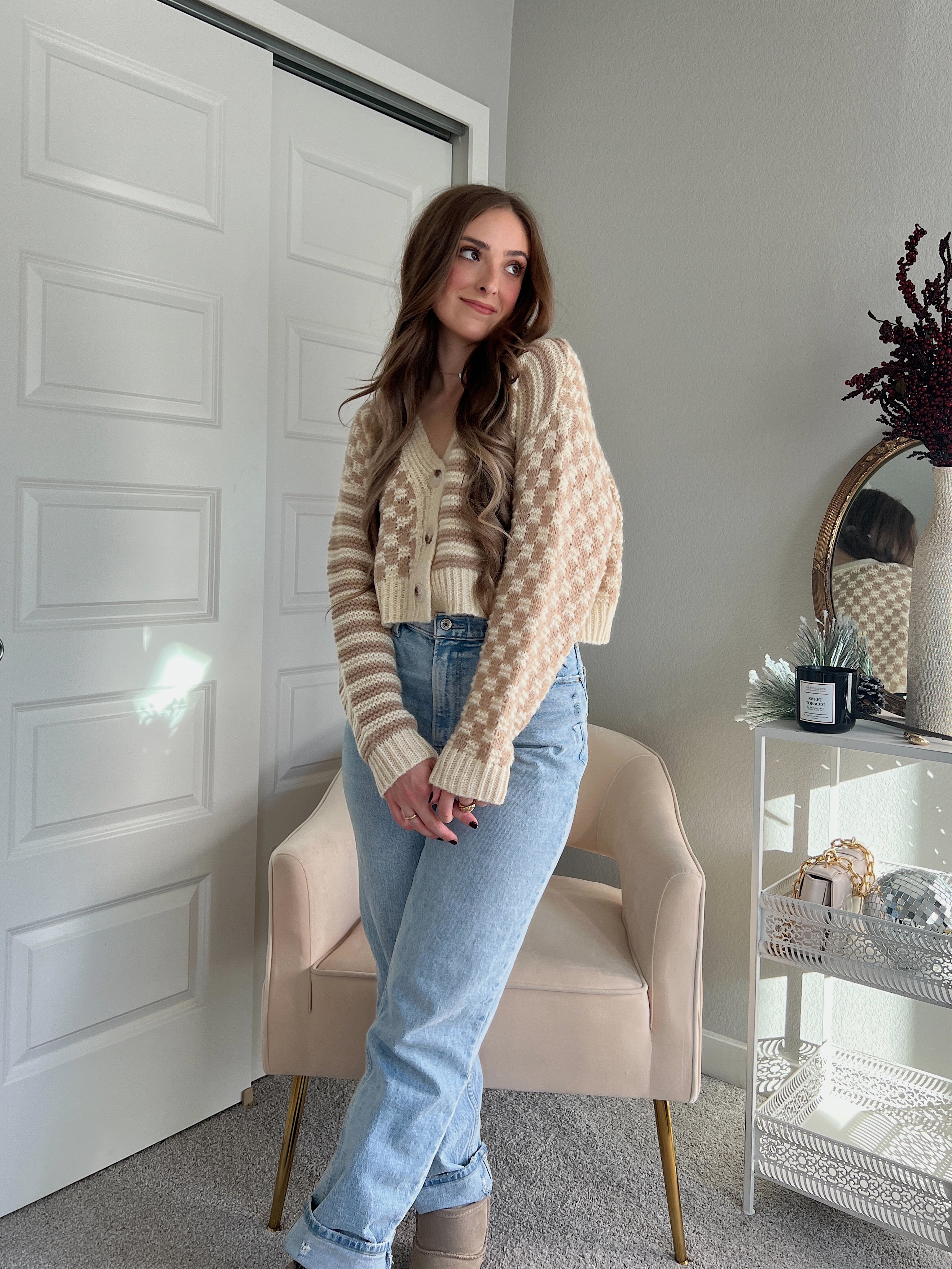 Cameron Checkered Print Button Down Cardigan Taupe Ivory