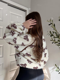 Delilah Bow Printed Quarter-Zip Fleece Jacket (Cream)