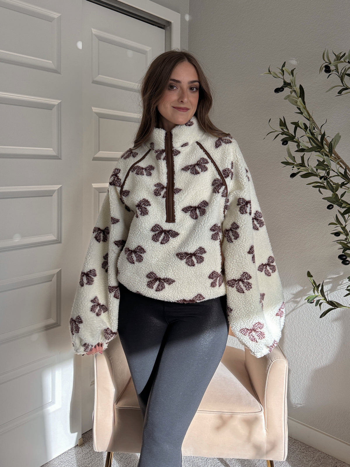 Delilah Bow Printed Quarter-Zip Fleece Jacket (Cream)