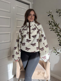 Delilah Bow Printed Quarter-Zip Fleece Jacket (Cream)