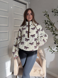 Delilah Bow Printed Quarter-Zip Fleece Jacket (Cream)