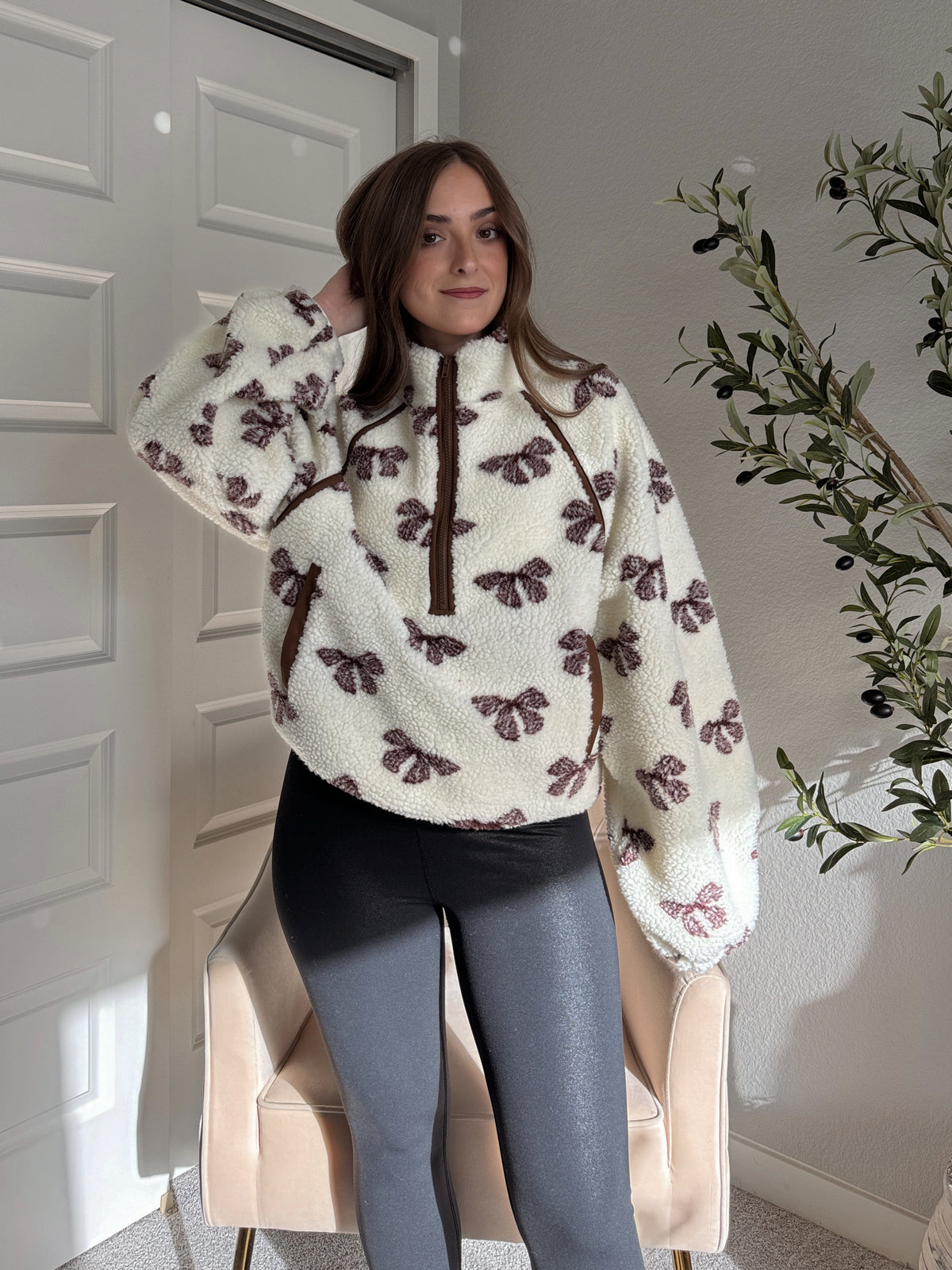 Delilah Bow Printed Quarter-Zip Fleece Jacket (Cream)