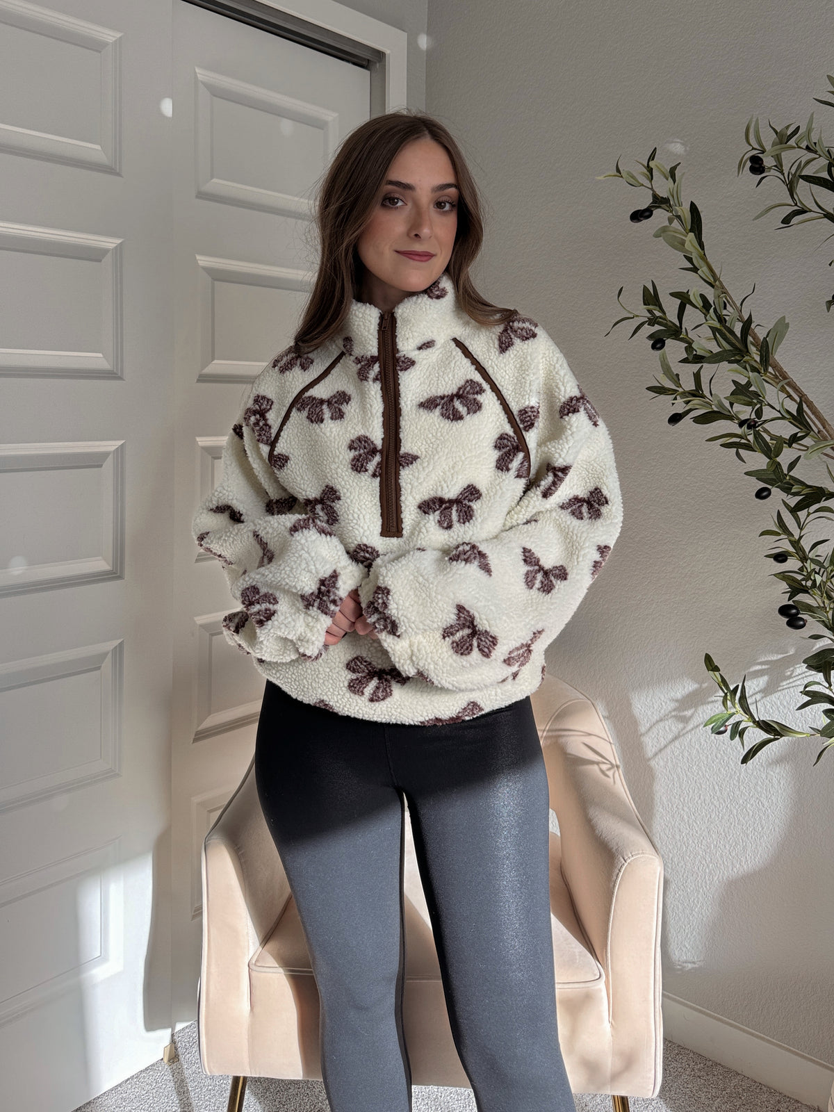 Delilah Bow Printed Quarter-Zip Fleece Jacket (Cream)