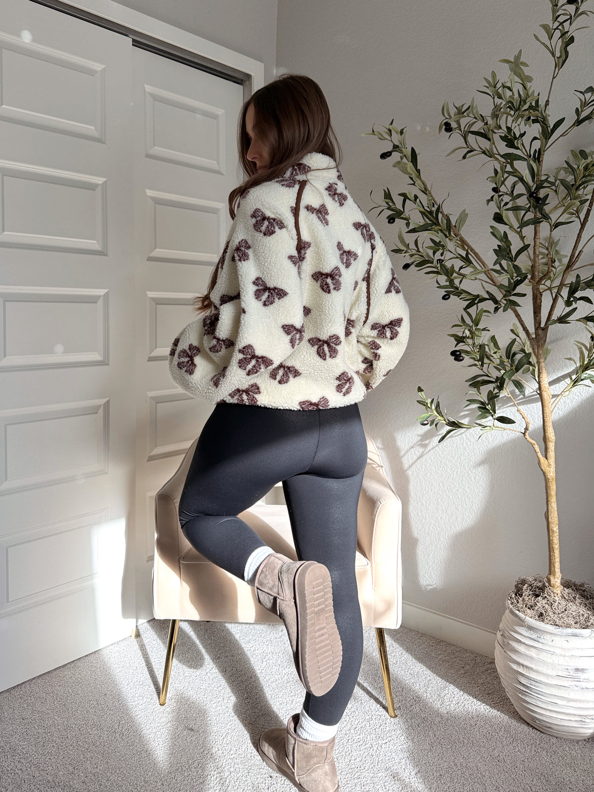 Delilah Bow Printed Quarter-Zip Fleece Jacket (Cream)