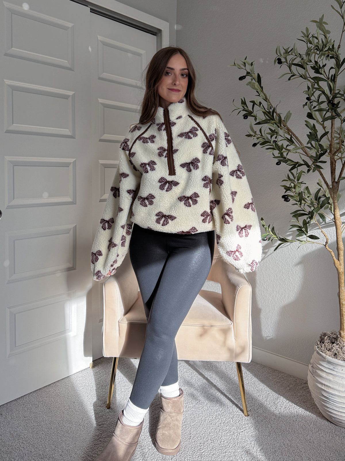 Delilah Bow Printed Quarter-Zip Fleece Jacket (Cream)