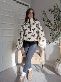Delilah Bow Printed Quarter-Zip Fleece Jacket (Cream)