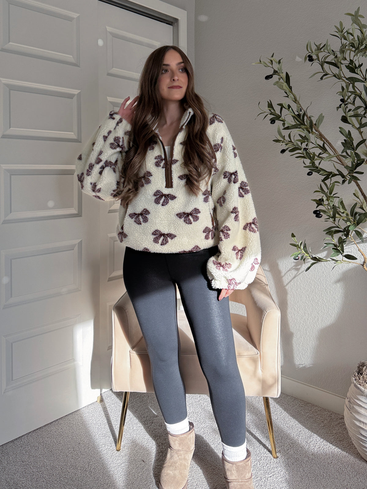 Delilah Bow Printed Quarter-Zip Fleece Jacket (Cream)