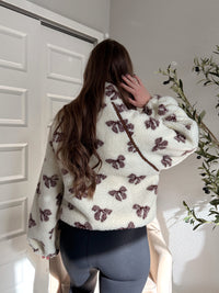 Delilah Bow Printed Quarter-Zip Fleece Jacket (Cream)