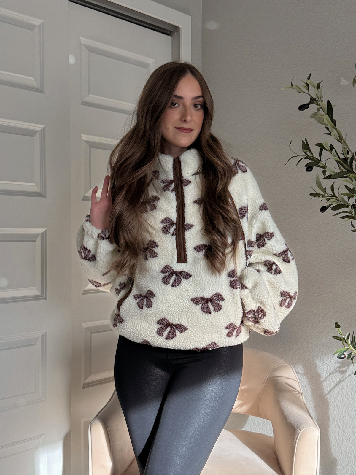 Delilah Bow Printed Quarter-Zip Fleece Jacket (Cream)