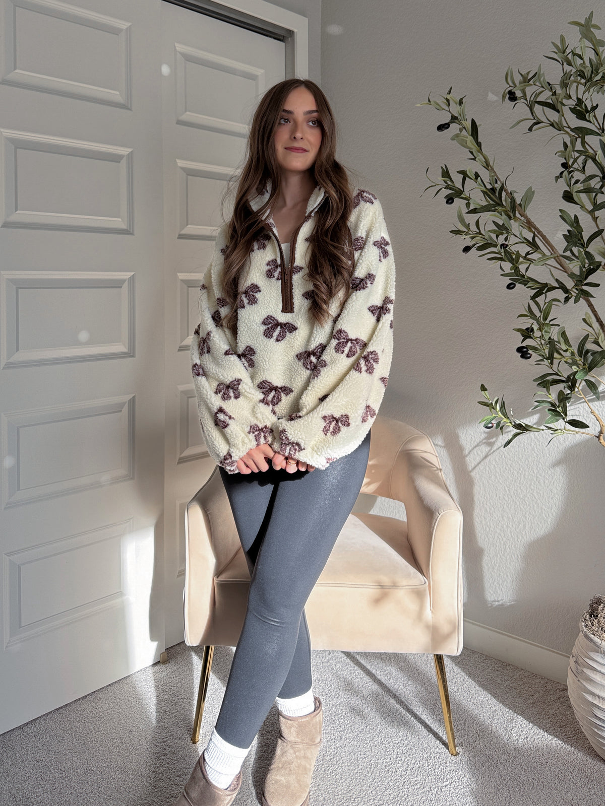 Delilah Bow Printed Quarter-Zip Fleece Jacket (Cream)