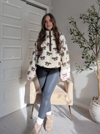 Delilah Bow Printed Quarter-Zip Fleece Jacket (Cream)