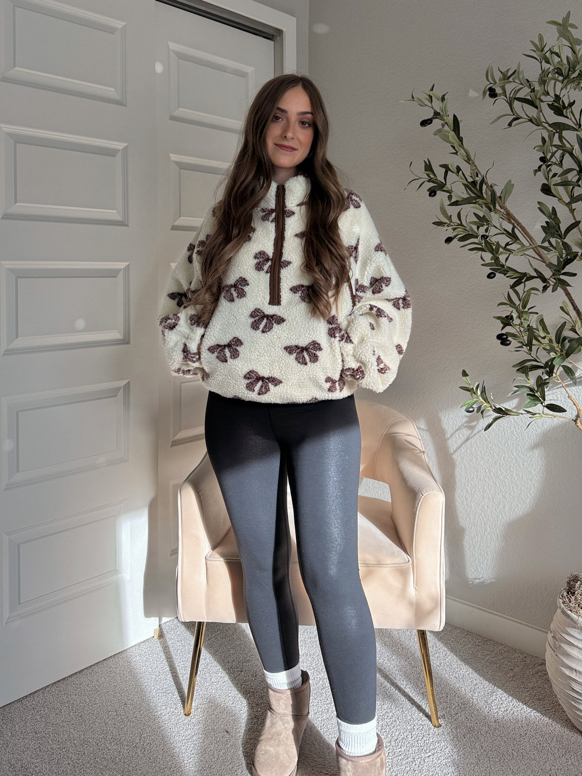 Delilah Bow Printed Quarter-Zip Fleece Jacket (Cream)