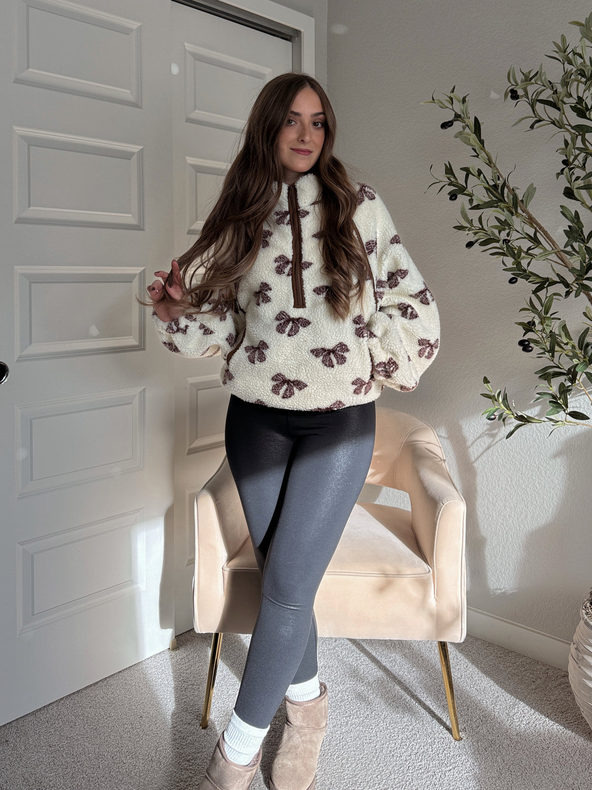 Delilah Bow Printed Quarter-Zip Fleece Jacket (Cream)