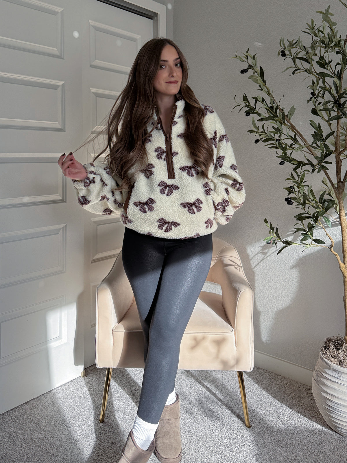 Delilah Bow Printed Quarter-Zip Fleece Jacket (Cream)