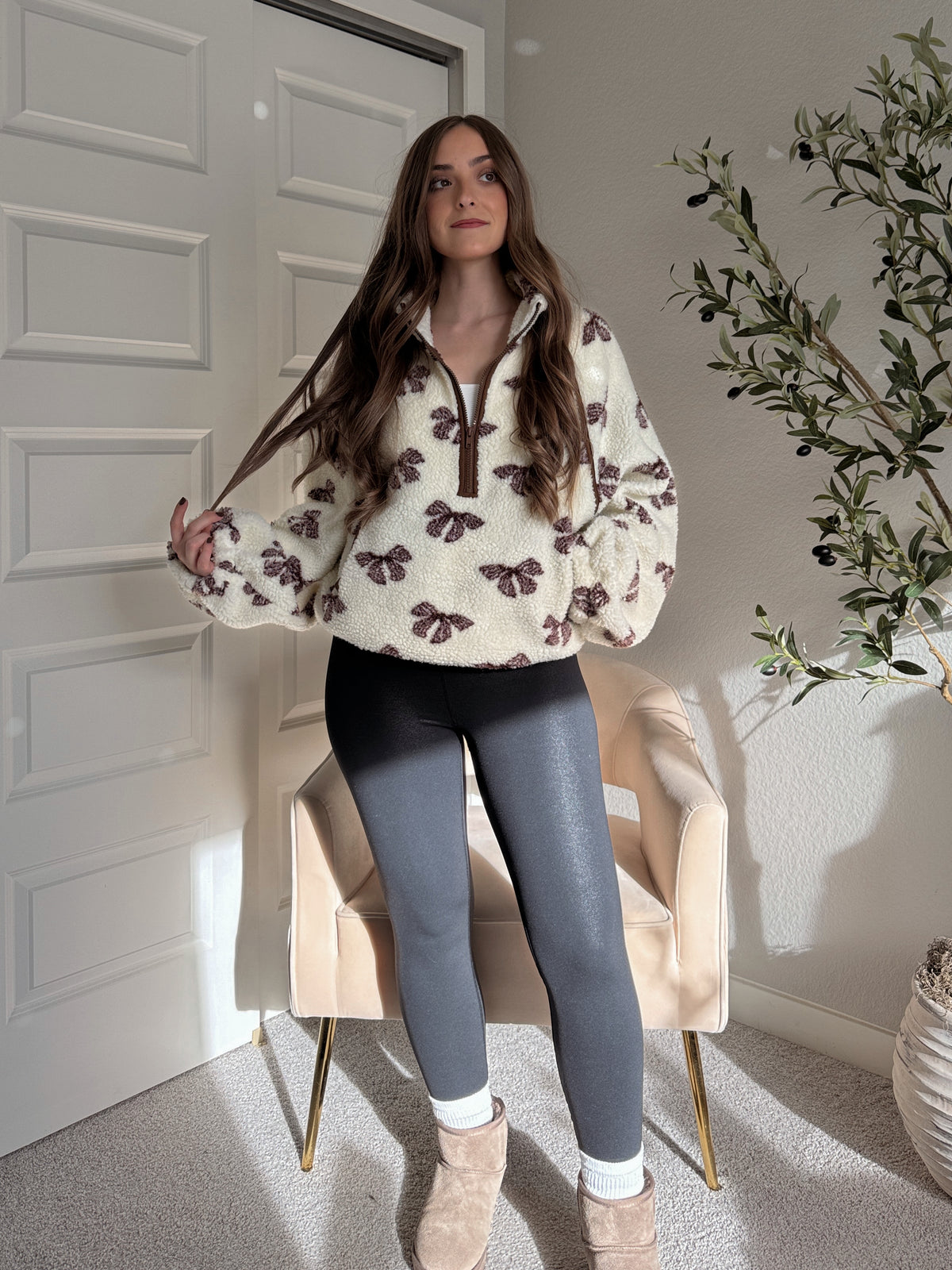 Delilah Bow Printed Quarter-Zip Fleece Jacket (Cream)