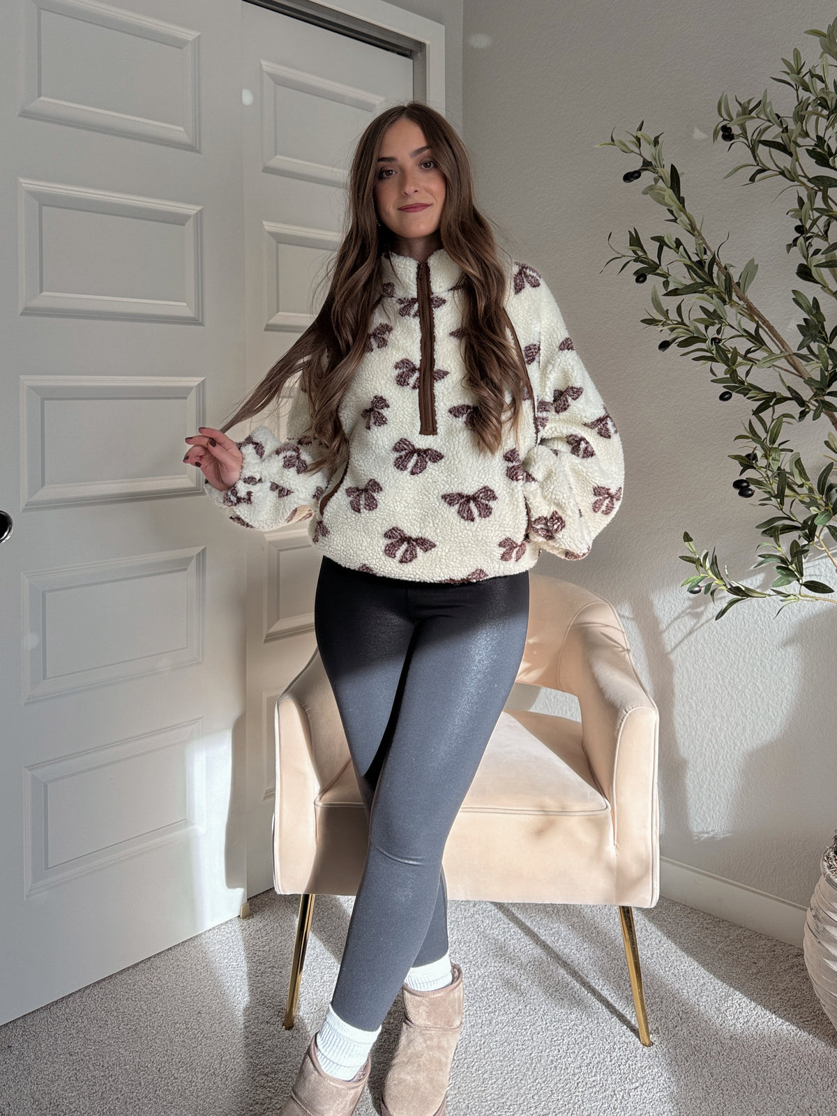 Delilah Bow Printed Quarter-Zip Fleece Jacket (Cream)