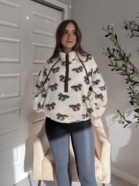 Delilah Bow Printed Quarter-Zip Fleece Jacket (Cream)