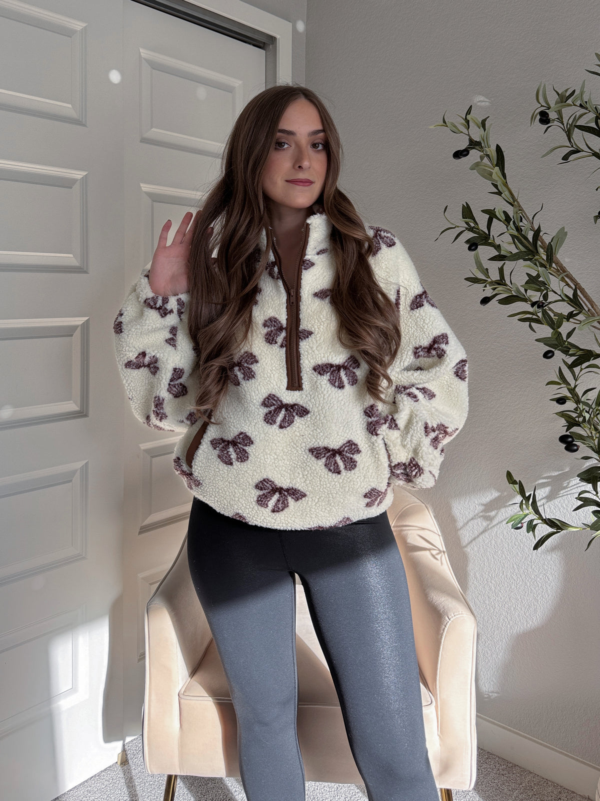 Delilah Bow Printed Quarter-Zip Fleece Jacket (Cream)