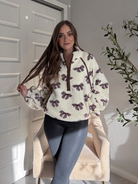 Delilah Bow Printed Quarter-Zip Fleece Jacket (Cream)