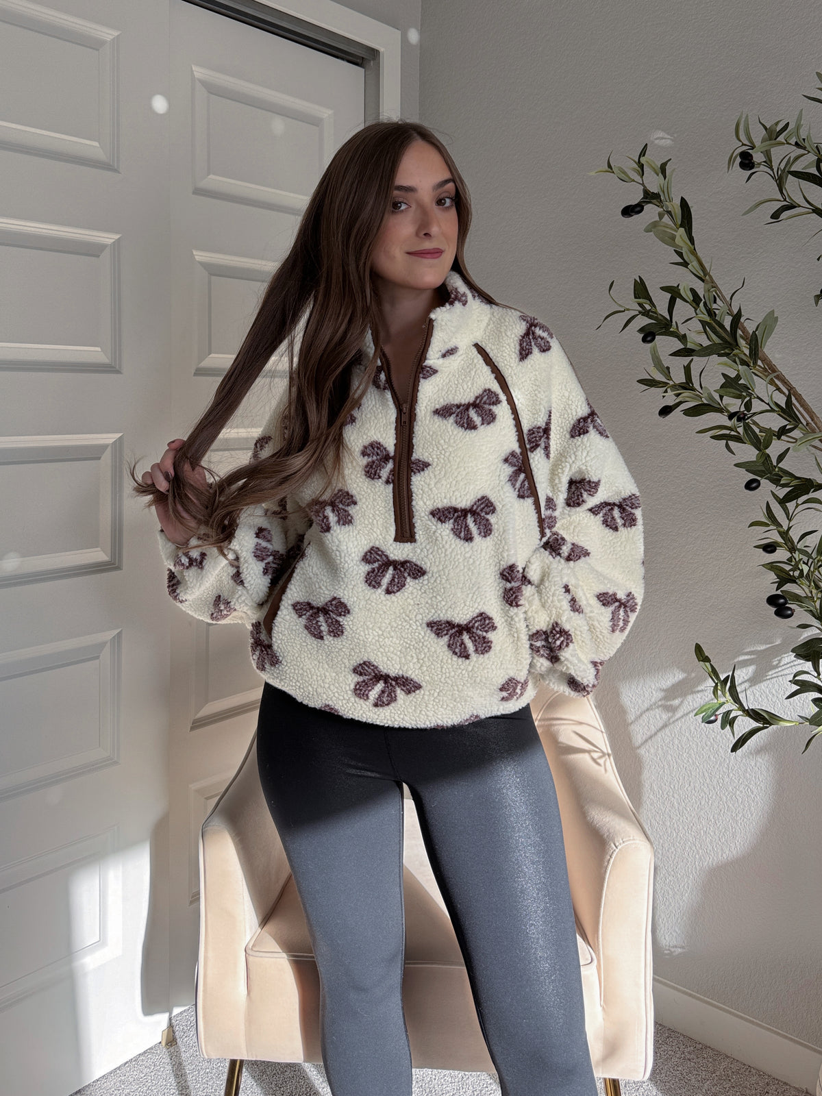 Delilah Bow Printed Quarter-Zip Fleece Jacket (Cream)