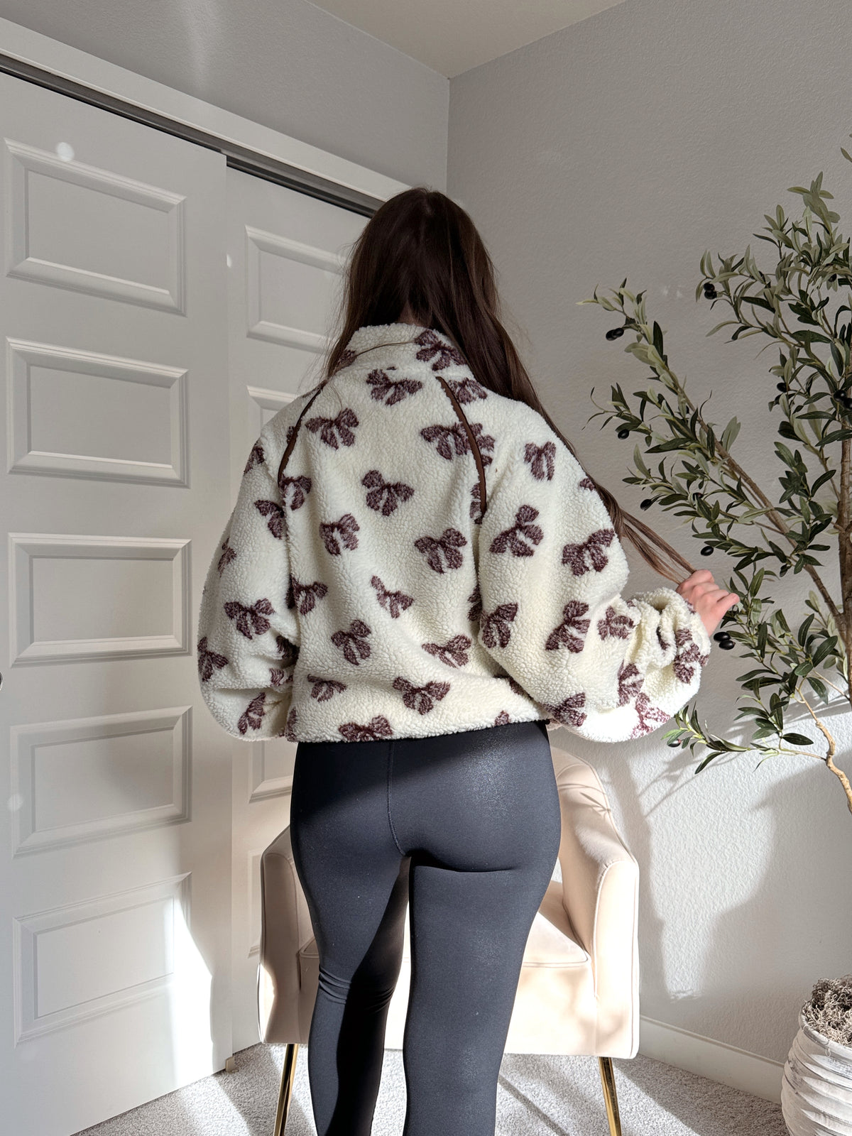 Delilah Bow Printed Quarter-Zip Fleece Jacket (Cream)