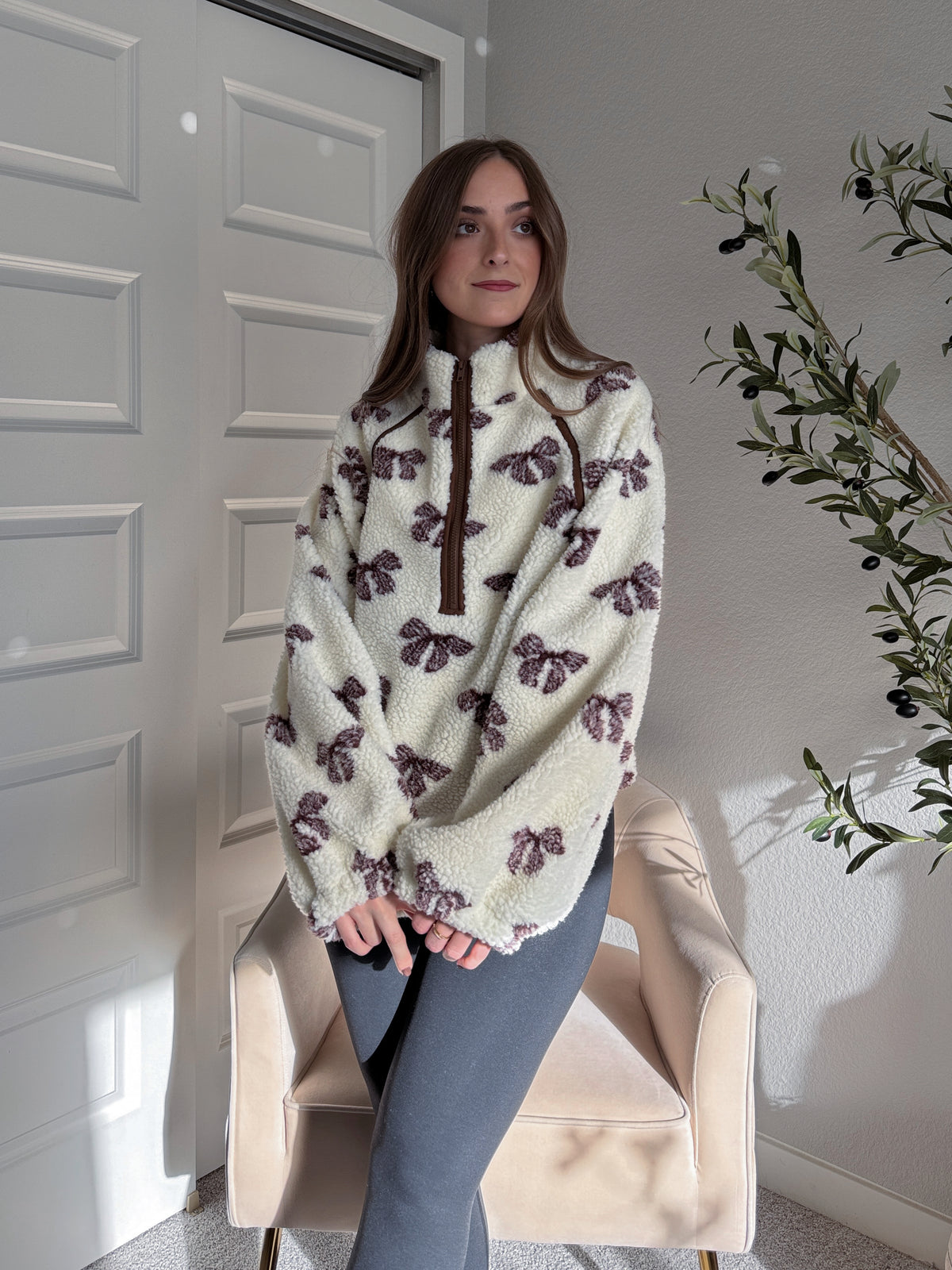 Delilah Bow Printed Quarter-Zip Fleece Jacket (Cream)