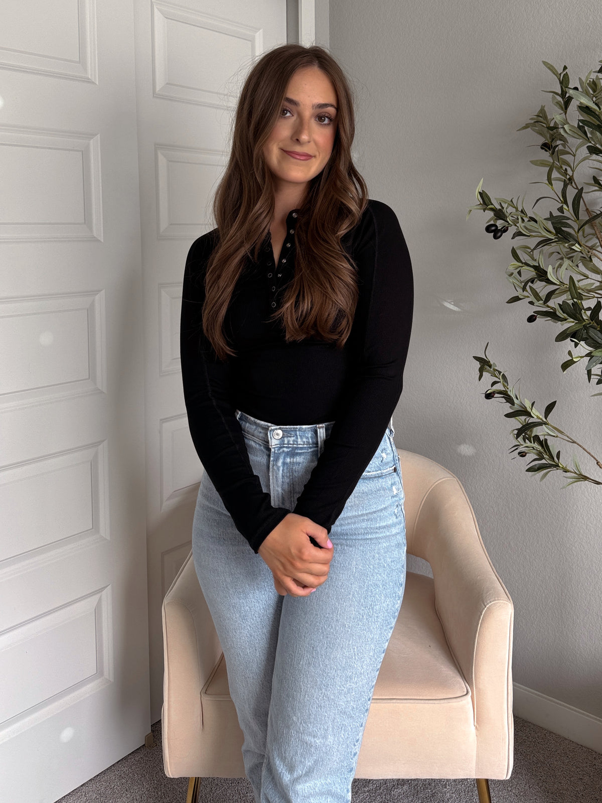 Hayes Long Sleeve Micro-Ribbed Henley Top (Black)