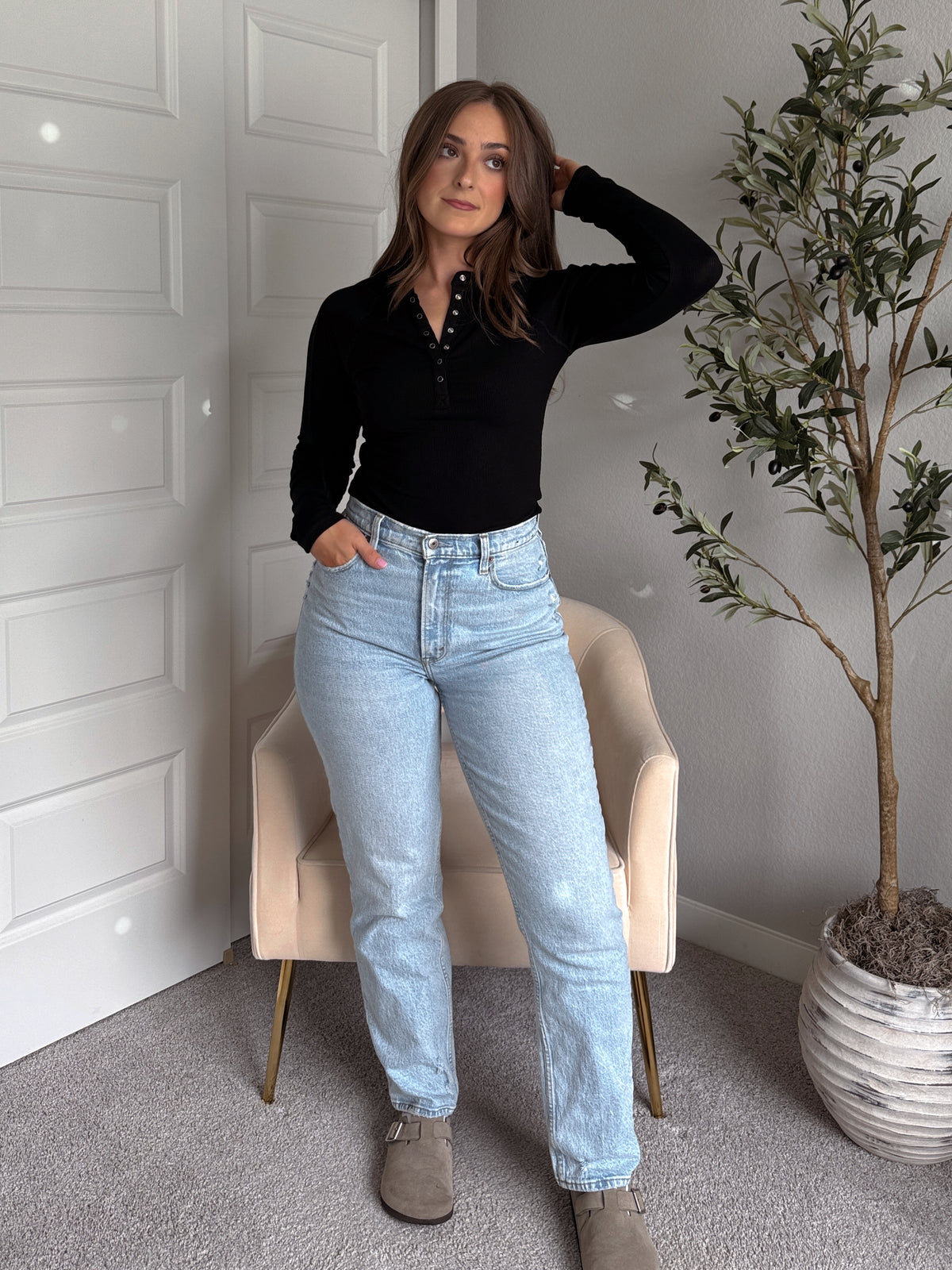 Hayes Long Sleeve Micro-Ribbed Henley Top (Black)