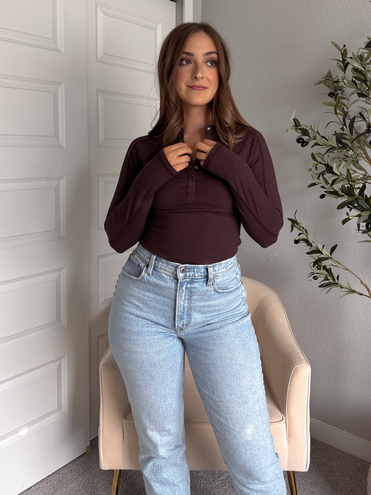 Hayes Long Sleeve Micro-Ribbed Henley Top (Espresso)