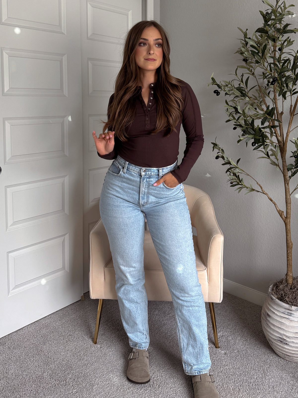 Hayes Long Sleeve Micro-Ribbed Henley Top (Espresso)