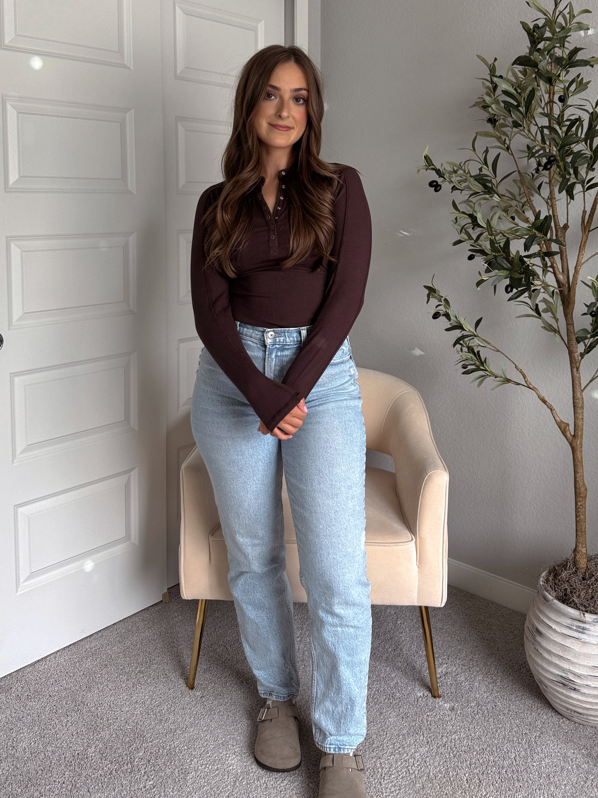 Hayes Long Sleeve Micro-Ribbed Henley Top (Espresso)