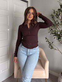 Hayes Long Sleeve Micro-Ribbed Henley Top (Espresso)