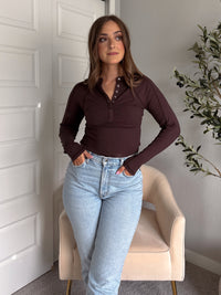 Hayes Long Sleeve Micro-Ribbed Henley Top (Espresso)
