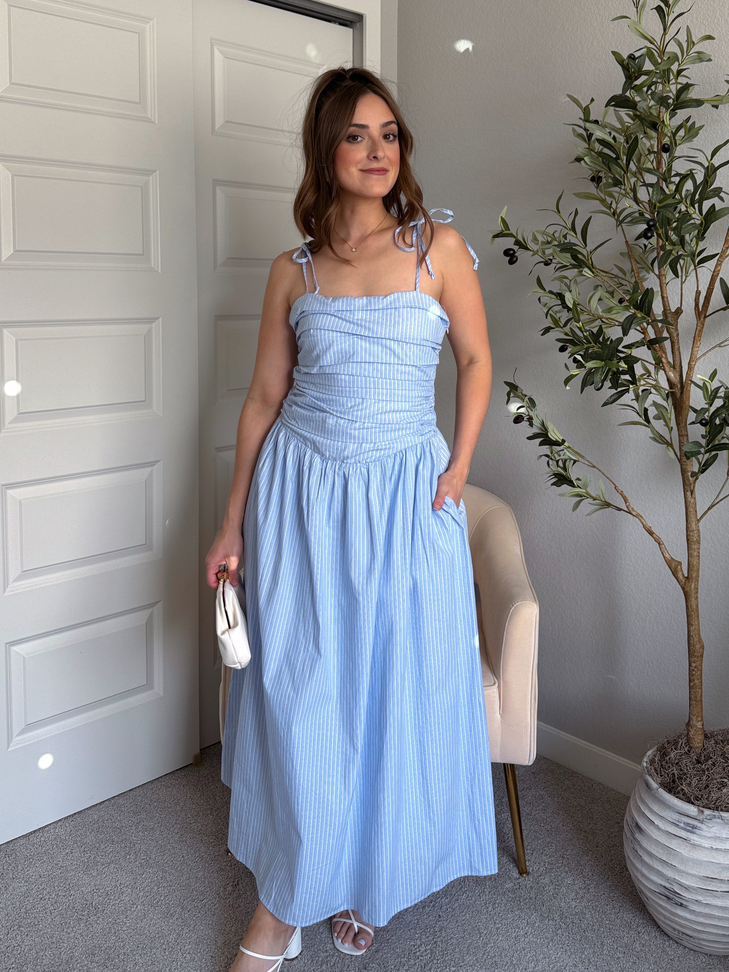 Lily Striped Cotton Drop‑Waist Midi Dress (Light Blue) – La Belle Boutique
