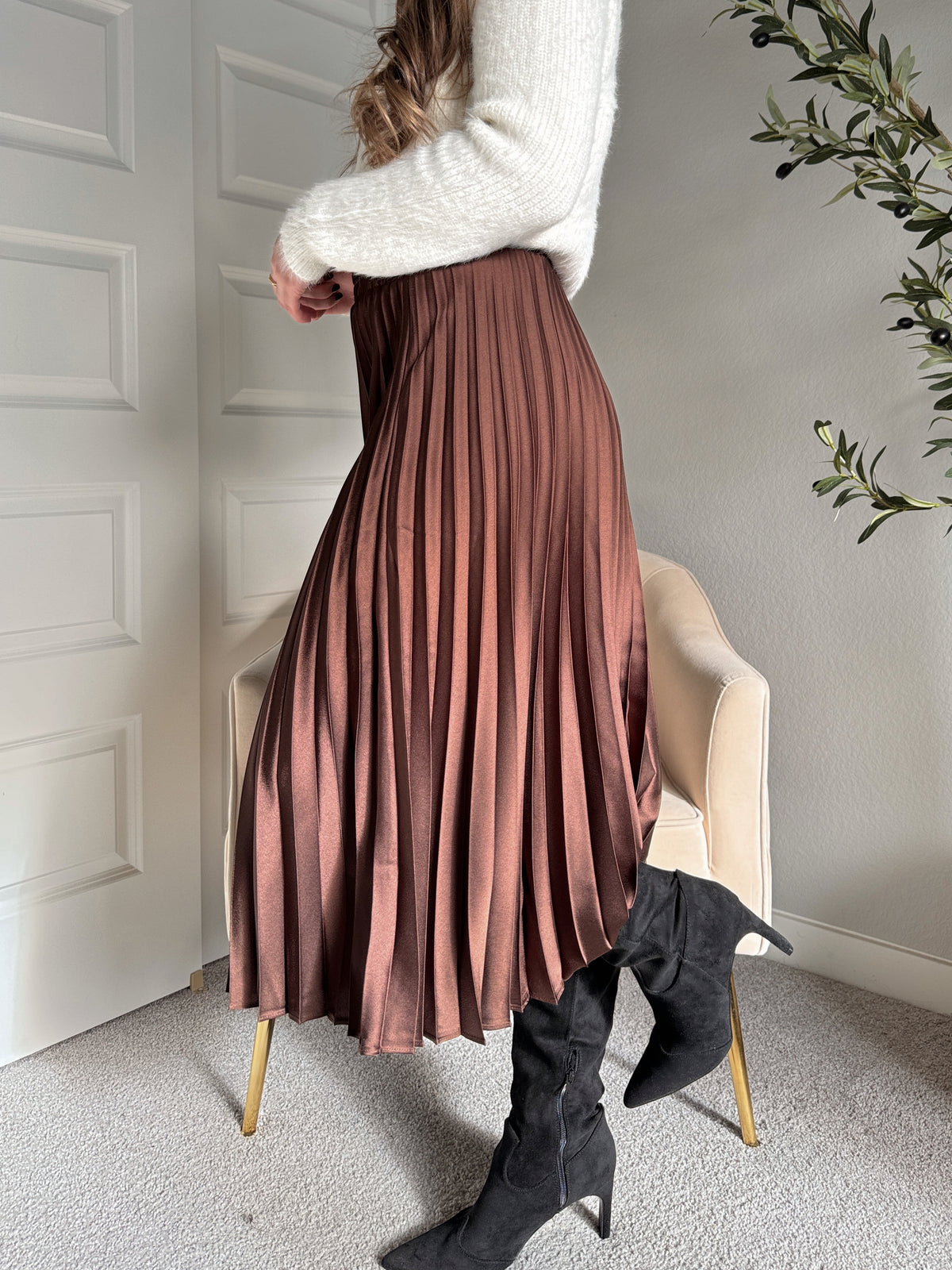 Siena Pleated Satin Midi Skirt (Brown)