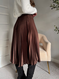 Siena Pleated Satin Midi Skirt (Brown)
