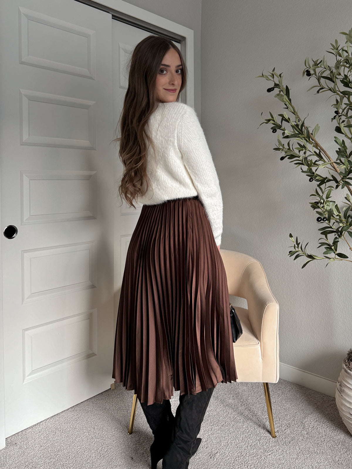 Siena Pleated Satin Midi Skirt (Brown)