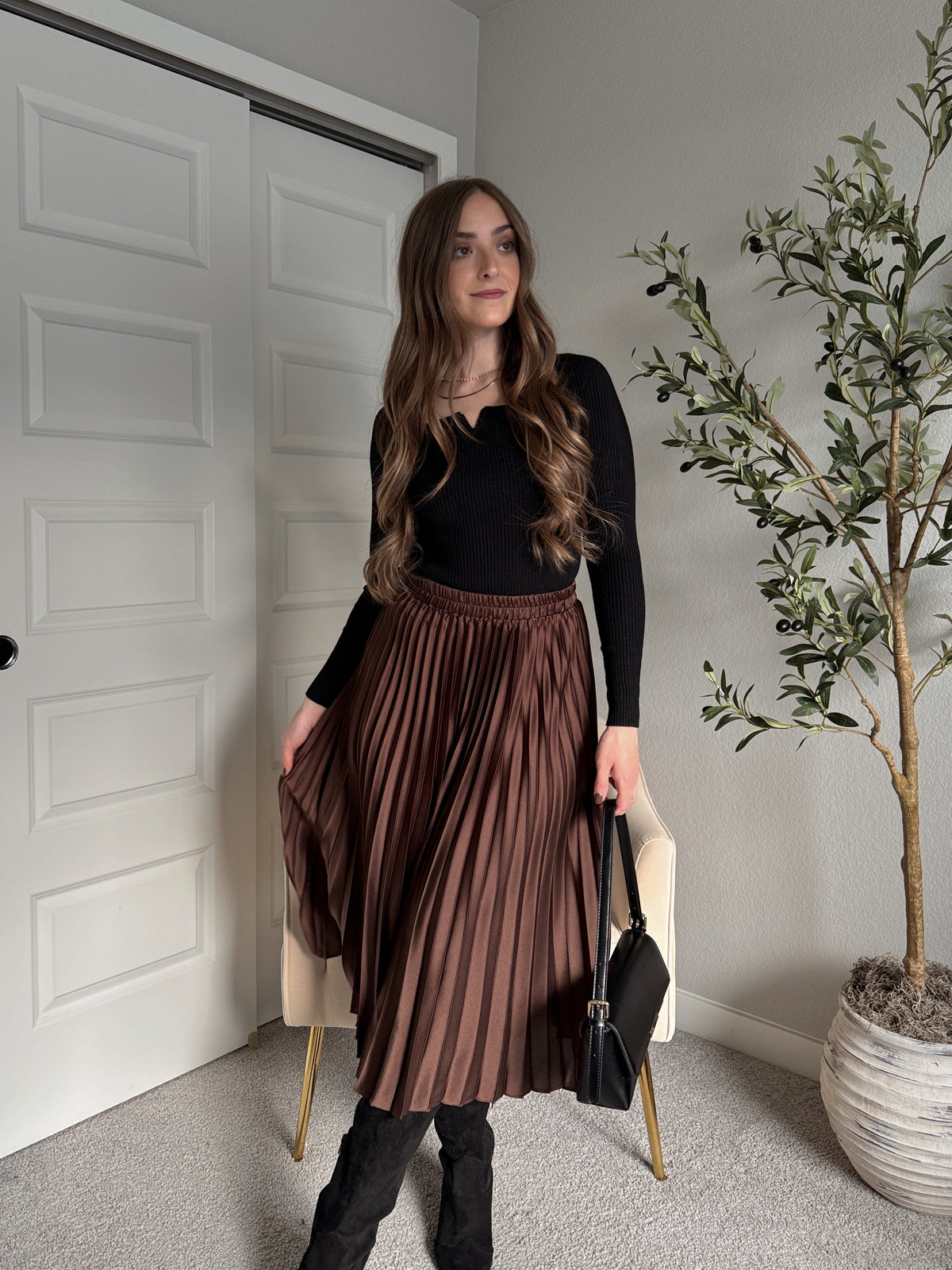 Siena Pleated Satin Midi Skirt (Brown)