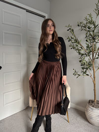 Siena Pleated Satin Midi Skirt (Brown)