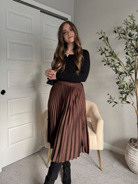 Siena Pleated Satin Midi Skirt (Brown)
