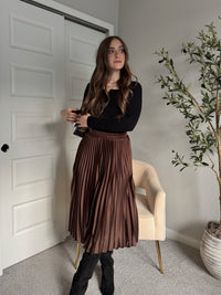 Siena Pleated Satin Midi Skirt (Brown)