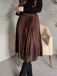 Siena Pleated Satin Midi Skirt (Brown)