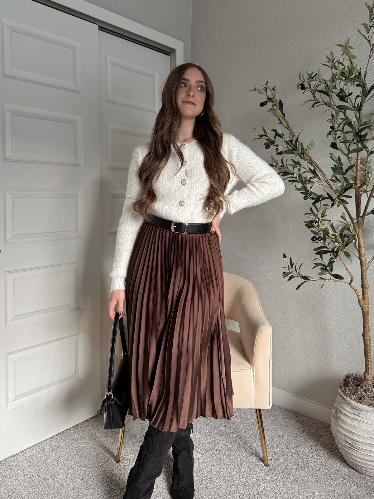 Siena Pleated Satin Midi Skirt (Brown)
