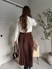 Siena Pleated Satin Midi Skirt (Brown)