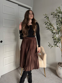 Siena Pleated Satin Midi Skirt (Brown)