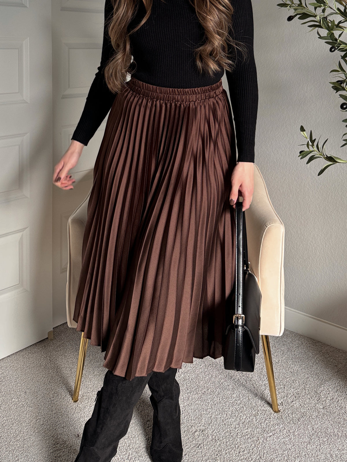 Siena Pleated Satin Midi Skirt (Brown)