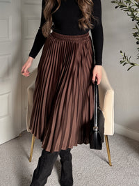 Siena Pleated Satin Midi Skirt (Brown)