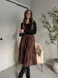 Siena Pleated Satin Midi Skirt (Brown)