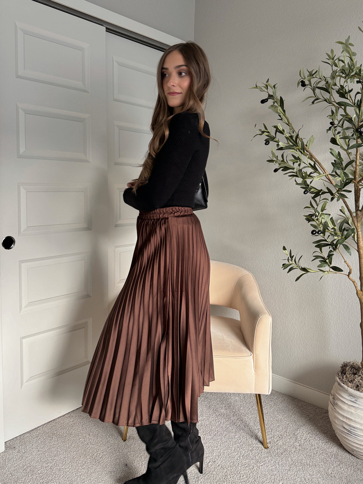 Siena Pleated Satin Midi Skirt (Brown)