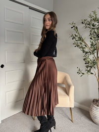 Siena Pleated Satin Midi Skirt (Brown)
